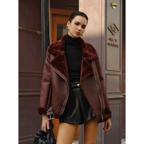 Womens Burgundy Faux Leather & Fur Biker Jacket - Picture 2 of 9